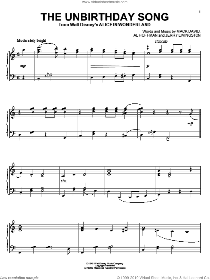 The Unbirthday Song (from Alice In Wonderland) sheet music for piano solo by Mack David, Al Hoffman and Jerry Livingston, Al Hoffman, Jerry Livingston and Mack David, intermediate skill level