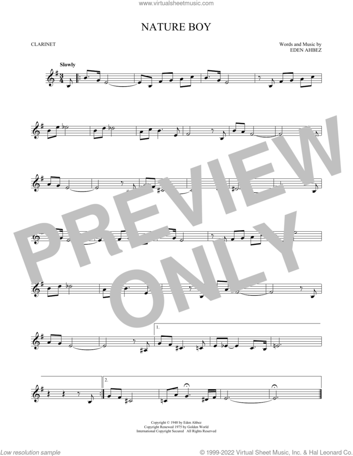 Nature Boy sheet music for clarinet solo by Nat King Cole and Eden Ahbez, intermediate skill level