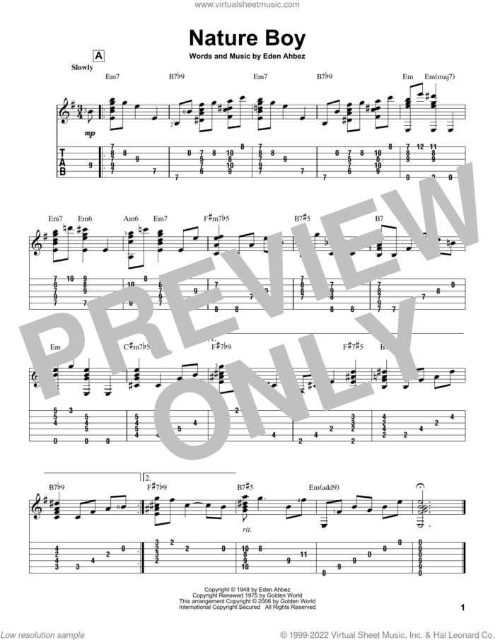Nature Boy sheet music for guitar solo by Nat King Cole, Jeff Arnold and Eden Ahbez, intermediate skill level