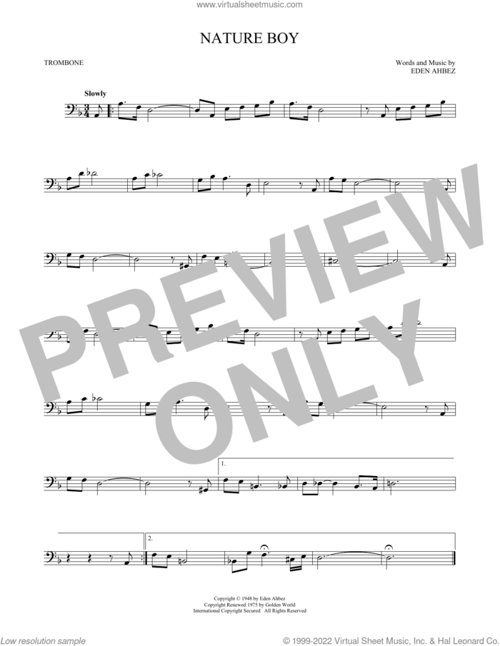 Nature Boy sheet music for trombone solo by Nat King Cole and Eden Ahbez, intermediate skill level