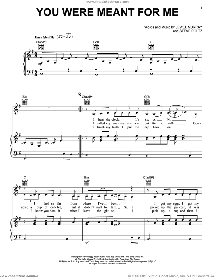 You Were Meant For Me sheet music for voice, piano or guitar by Jewel, Jewel Kilcher and Steve Poltz, intermediate skill level