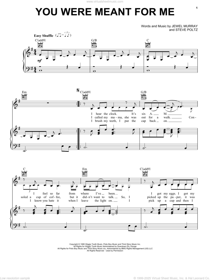 You Were Meant For Me sheet music for voice, piano or guitar by Jewel, Jewel Kilcher and Steve Poltz, intermediate skill level