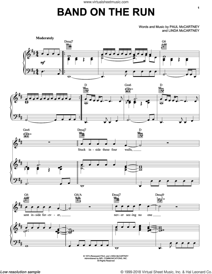 Band On The Run sheet music for voice, piano or guitar by Paul McCartney, Paul McCartney and Wings and Linda McCartney, intermediate skill level