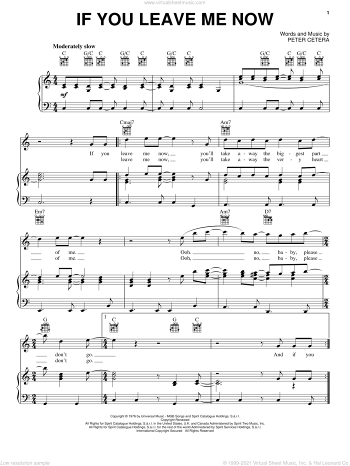 If You Leave Me Now sheet music for voice, piano or guitar by Chicago and Peter Cetera, intermediate skill level