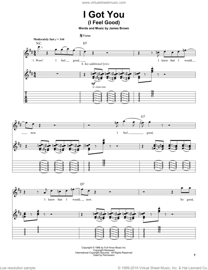 I Got You (I Feel Good) sheet music for guitar (tablature, play-along) by James Brown, intermediate skill level