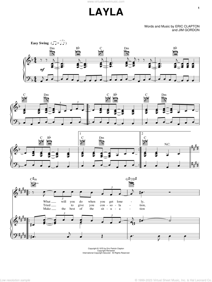 Layla sheet music for voice, piano or guitar by Eric Clapton, Derek And The Dominos and Jim Gordon, intermediate skill level