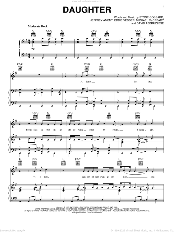 Daughter sheet music for voice, piano or guitar by Pearl Jam, David Abbruzzese, Eddie Vedder, Jeffrey Ament, Michael McCready and Stone Gossard, intermediate skill level