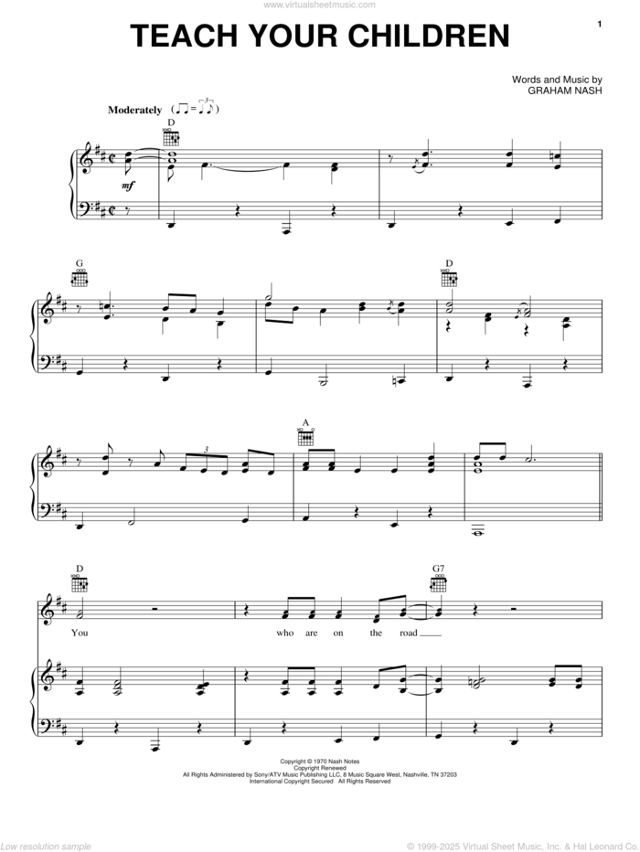 Teach Your Children sheet music for voice, piano or guitar by Crosby, Stills, Nash & Young, Crosby, Stills & Nash and Graham Nash, intermediate skill level