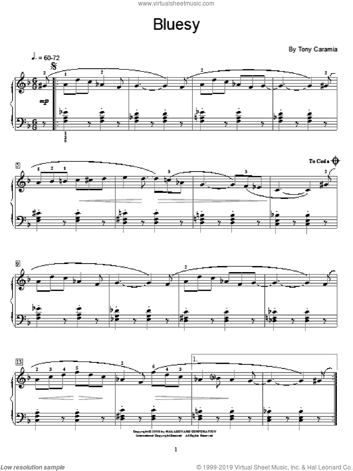 Bluesy sheet music for piano solo (elementary) by Tony Caramia and Miscellaneous, beginner piano (elementary)