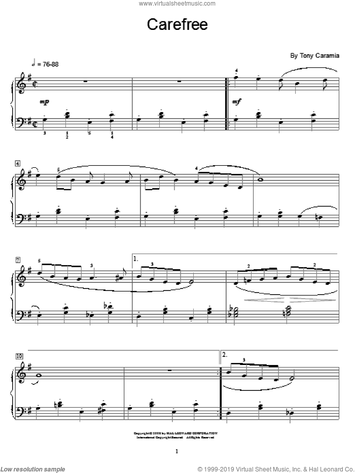 Carefree sheet music for piano solo (elementary) by Tony Caramia and Miscellaneous, beginner piano (elementary)