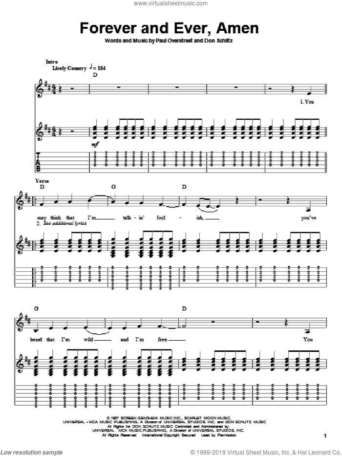 Forever And Ever, Amen sheet music for guitar (tablature, play-along) by Randy Travis, Don Schlitz and Paul Overstreet, wedding score, intermediate skill level
