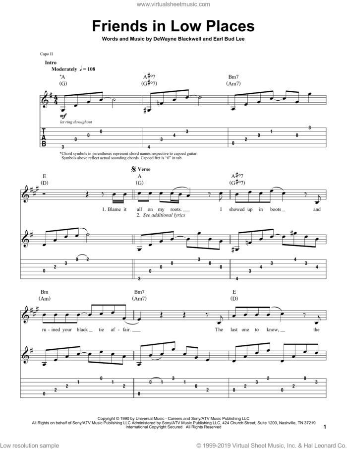 Friends In Low Places sheet music for guitar (tablature, play-along) by Garth Brooks, DeWayne Blackwell and Earl Bud Lee, intermediate skill level
