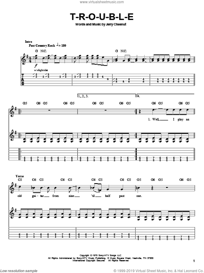 T-R-O-U-B-L-E sheet music for guitar (tablature, play-along) by Travis Tritt, Elvis Presley and Jerry Chesnut, intermediate skill level