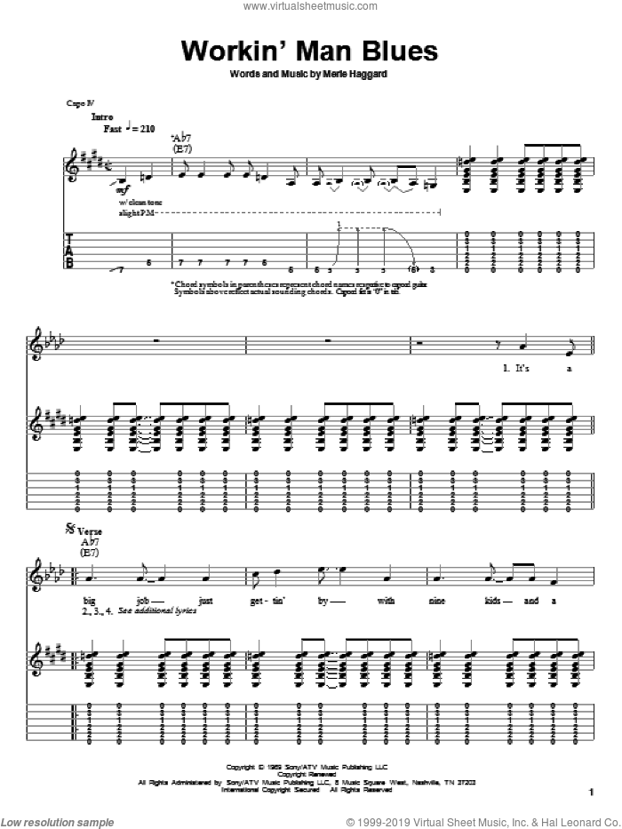 Workin' Man Blues sheet music for guitar (tablature, play-along) by Merle Haggard, intermediate skill level