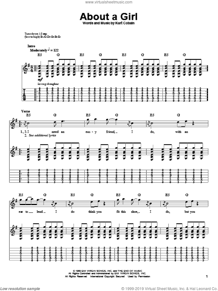 About A Girl sheet music for guitar (tablature, play-along) by Nirvana and Kurt Cobain, intermediate skill level