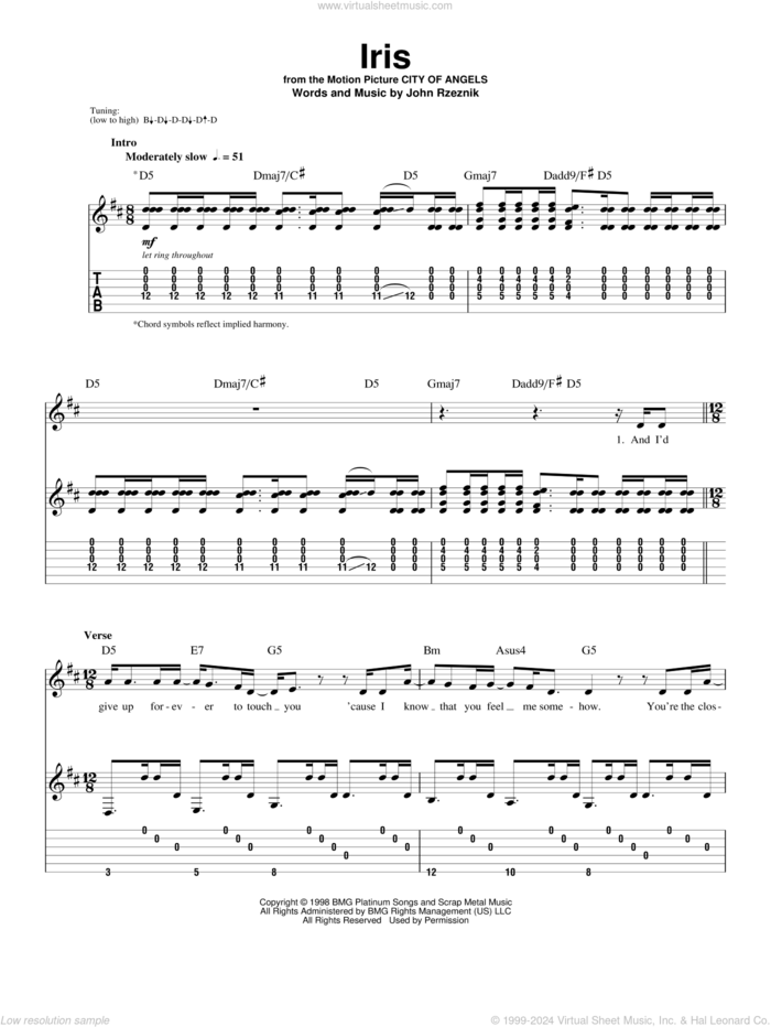 Iris sheet music for guitar (tablature, play-along) by Goo Goo Dolls and John Rzeznik, intermediate skill level