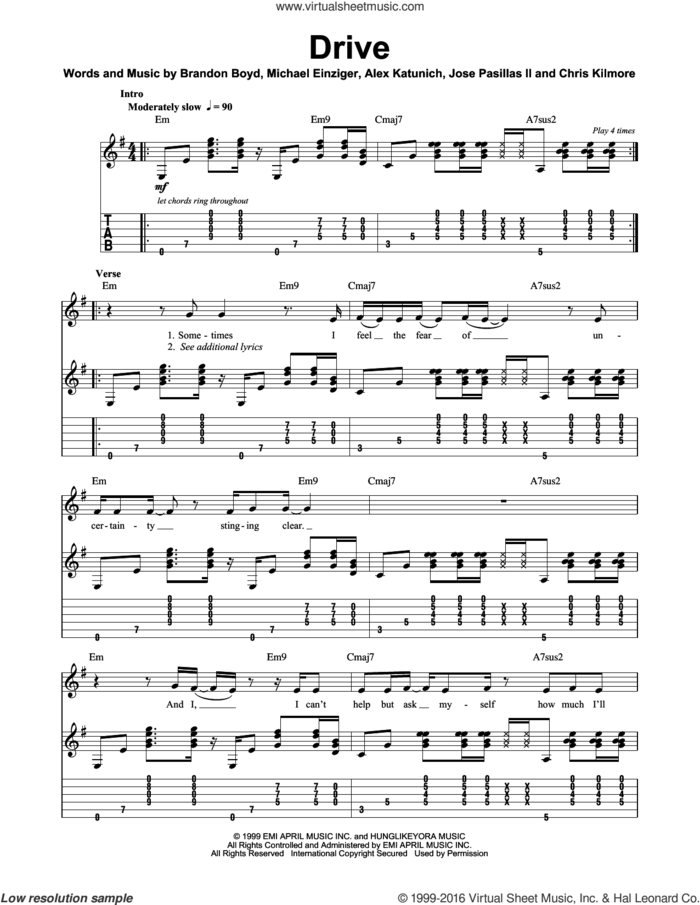 Drive sheet music for guitar (tablature, play-along) by Incubus, Alex Katunich, Brandon Boyd and Michael Einziger, intermediate skill level