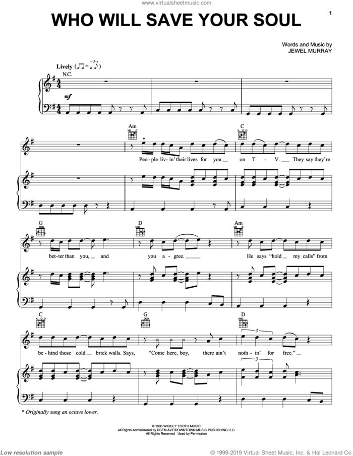 Who Will Save Your Soul sheet music for voice, piano or guitar by Jewel and Jewel Kilcher, intermediate skill level