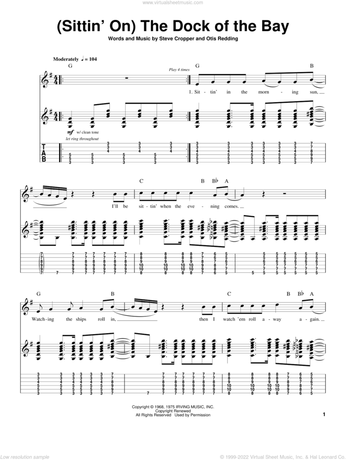 (Sittin' On) The Dock Of The Bay sheet music for guitar (tablature, play-along) by Otis Redding and Steve Cropper, intermediate skill level
