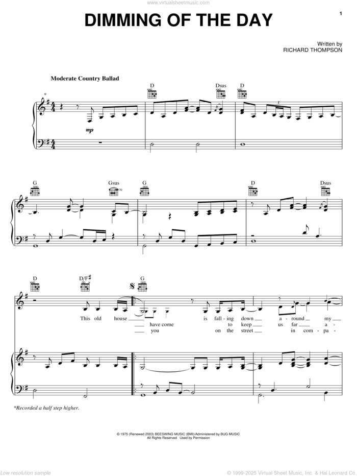 Dimming Of The Day sheet music for voice, piano or guitar by Richard Thompson and Bonnie Raitt, intermediate skill level