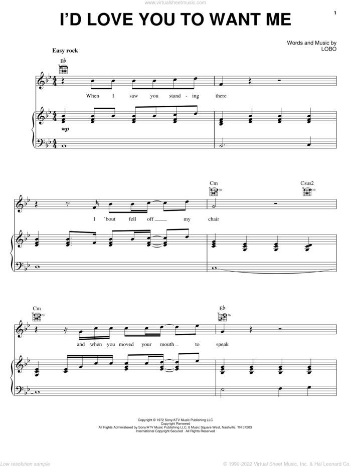 I'd Love You To Want Me sheet music for voice, piano or guitar by Lobo, intermediate skill level