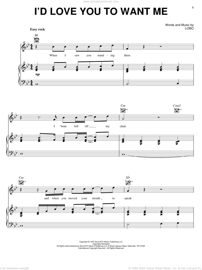 I'd Love You To Want Me sheet music for voice, piano or guitar by Lobo, intermediate skill level