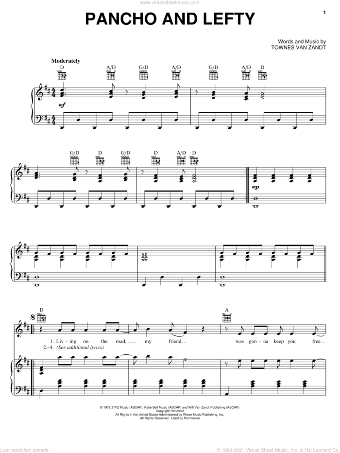 Pancho And Lefty sheet music for voice, piano or guitar by Townes Van Zandt, Emmylou Harris, Merle Haggard, Willie Nelson and Willie Nelson & Merle Haggard, intermediate skill level