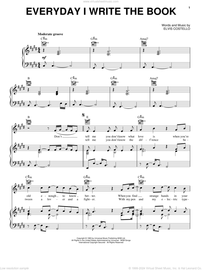 Everyday I Write The Book sheet music for voice, piano or guitar by Elvis Costello, intermediate skill level