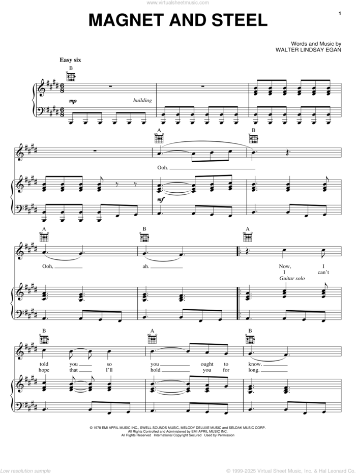 Magnet And Steel sheet music for voice, piano or guitar by Walter Egan, intermediate skill level