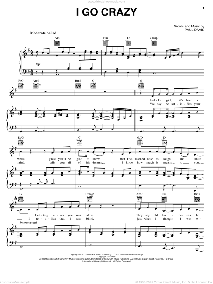 I Go Crazy sheet music for voice, piano or guitar by Paul Davis, intermediate skill level