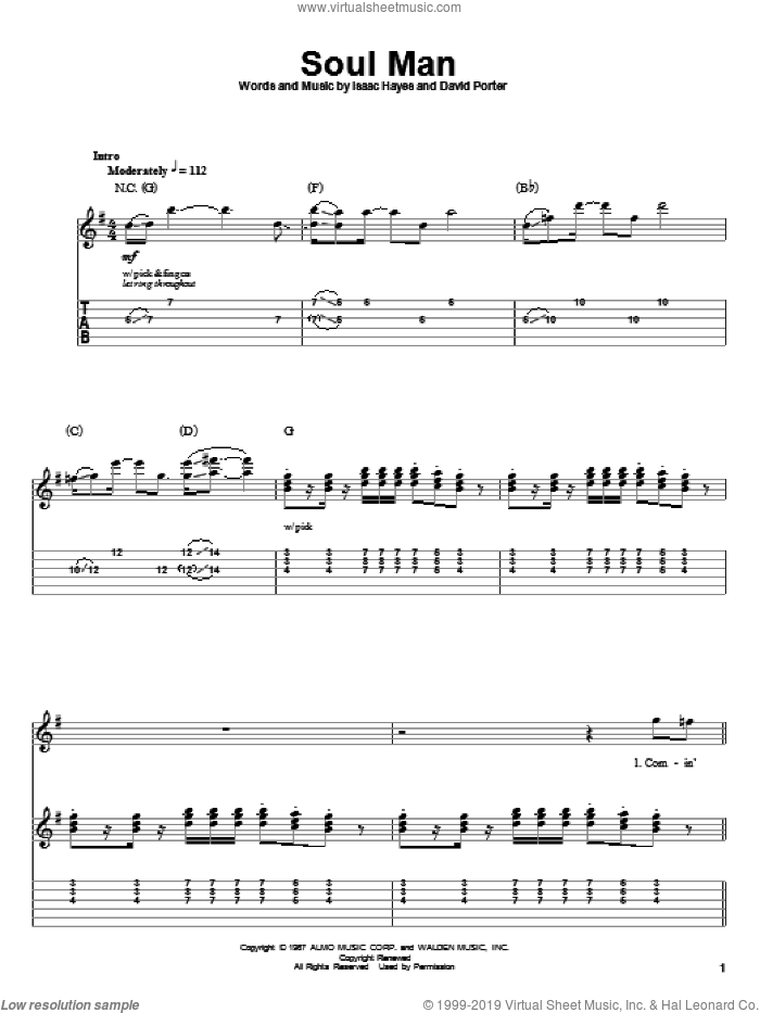 Soul Man sheet music for guitar (tablature, play-along) by Sam & Dave, Blues Brothers, David Porter and Isaac Hayes, intermediate skill level