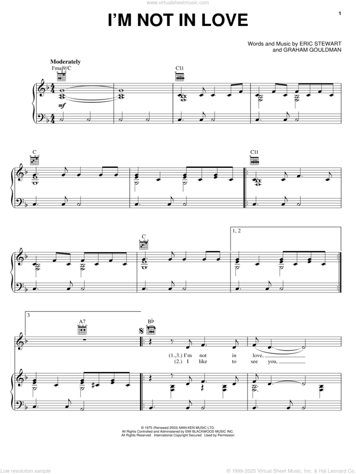 I'm Not In Love sheet music for voice, piano or guitar by 10Cc, Eric Stewart and Graham Gouldman, intermediate skill level