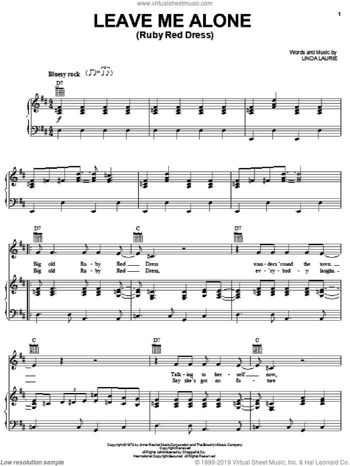 Leave Me Alone (Ruby Red Dress) sheet music for voice, piano or guitar by Helen Reddy and Linda Laurie, intermediate skill level