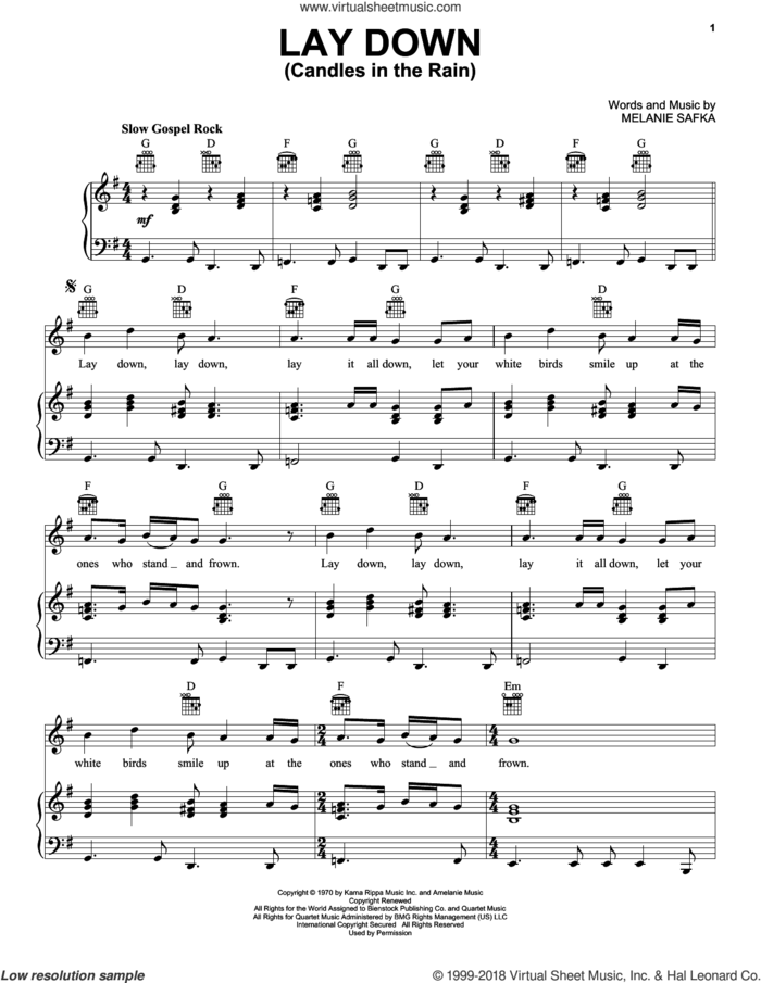 Lay Down (Candles In The Rain) sheet music for voice, piano or guitar by Melanie and Melanie Safka, intermediate skill level
