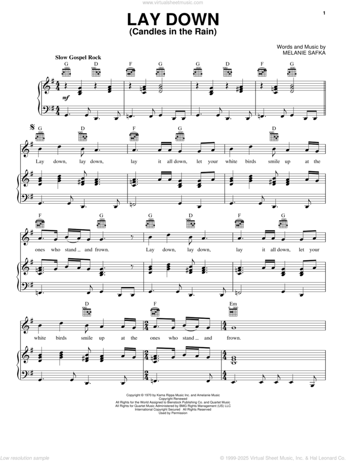 Lay Down (Candles In The Rain) sheet music for voice, piano or guitar by Melanie and Melanie Safka, intermediate skill level