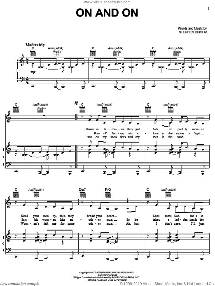 On And On sheet music for voice, piano or guitar by Stephen Bishop, intermediate skill level