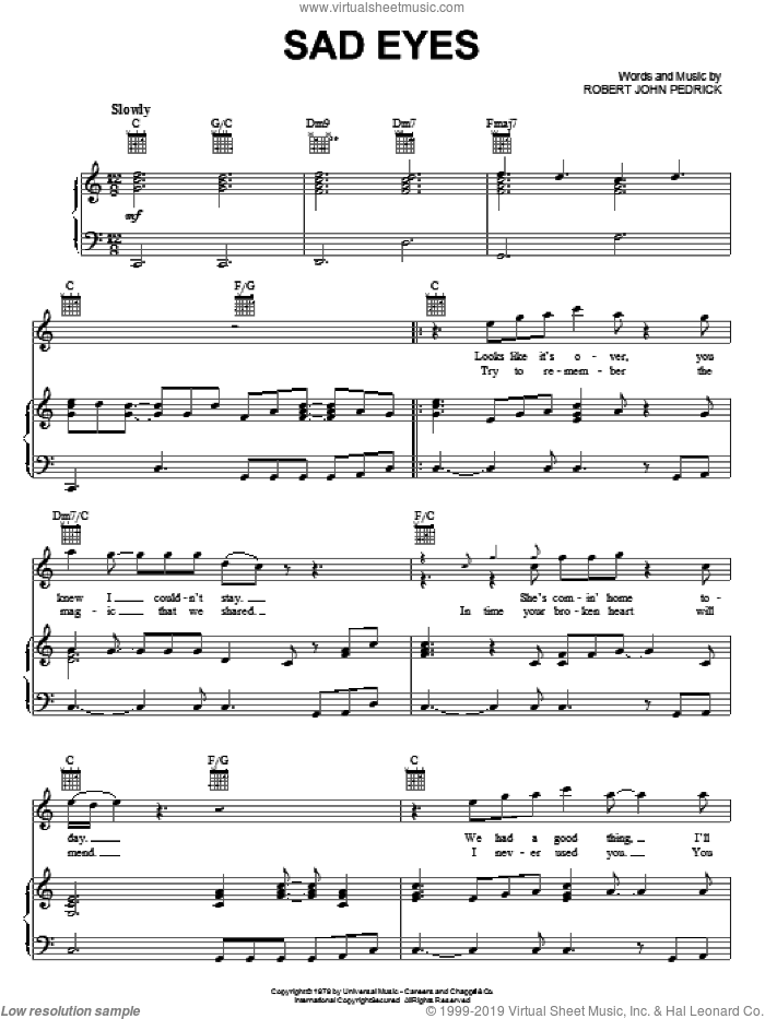 Sad Eyes sheet music for voice, piano or guitar by Robert John and Robert John Pedrick, intermediate skill level