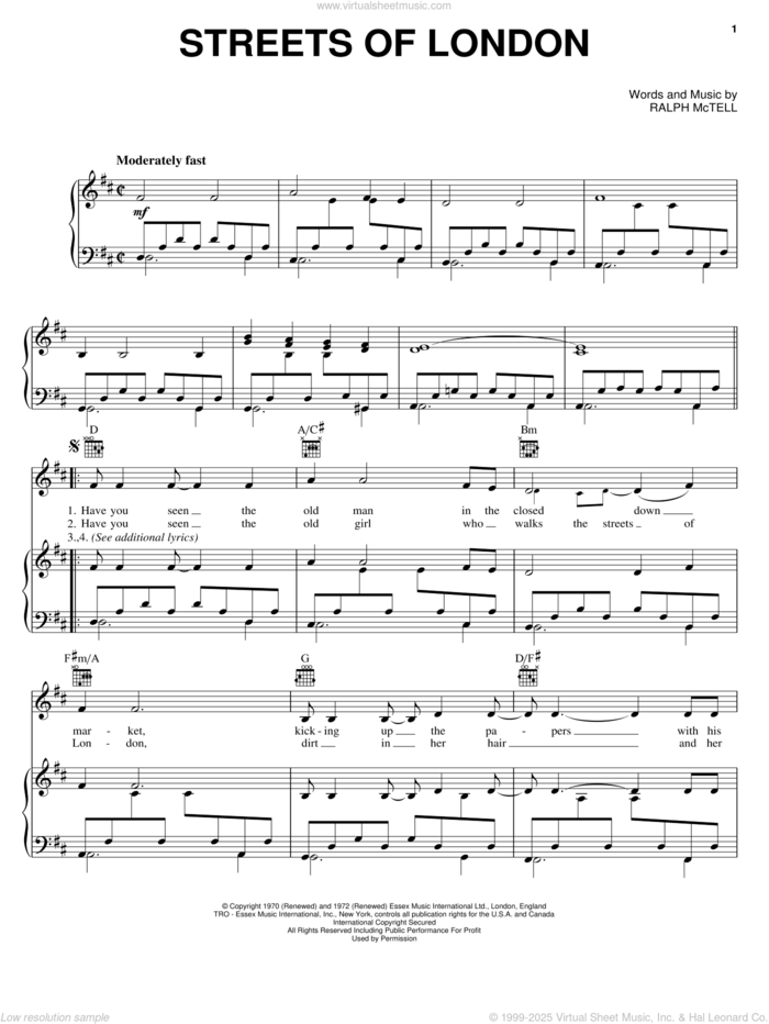 Streets Of London sheet music for voice, piano or guitar by Ralph McTell, intermediate skill level