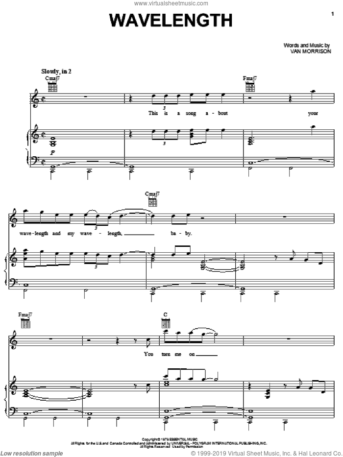 Wavelength sheet music for voice, piano or guitar by Van Morrison, intermediate skill level