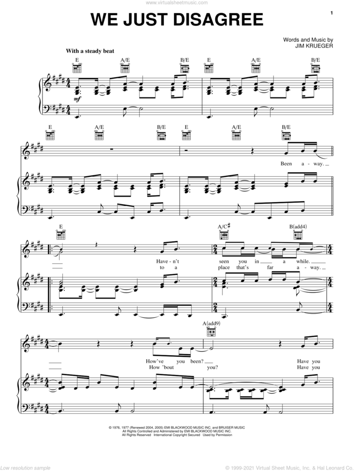 We Just Disagree sheet music for voice, piano or guitar by Dave Mason and Jim Krueger, intermediate skill level