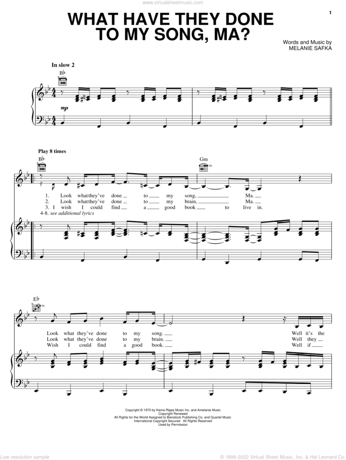 What Have They Done To My Song, Ma? sheet music for voice, piano or guitar by Melanie and Melanie Safka, intermediate skill level