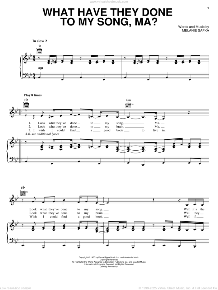 What Have They Done To My Song, Ma? sheet music for voice, piano or guitar by Melanie and Melanie Safka, intermediate skill level