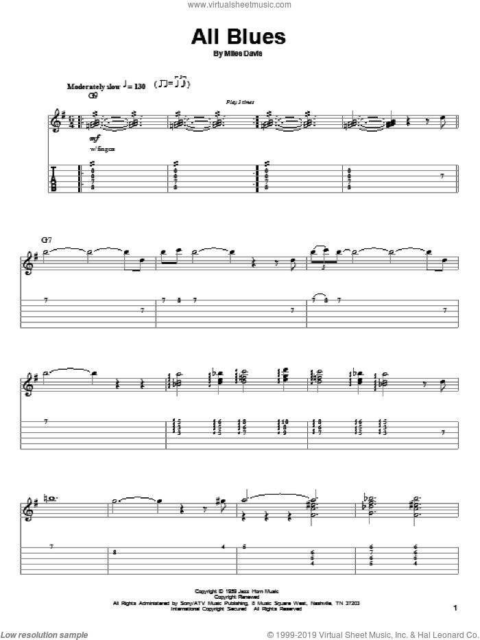 All Blues sheet music for guitar (tablature, play-along) by Miles Davis and John Coltrane, intermediate skill level