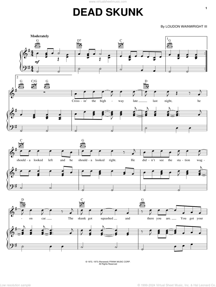 Dead Skunk sheet music for voice, piano or guitar by Loudon Wainwright III, intermediate skill level