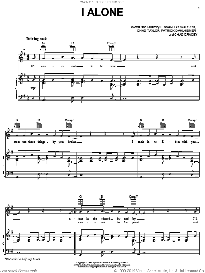I Alone sheet music for voice, piano or guitar by Live, Chad Gracey, Chad Taylor, Edward Kowalczyk and Patrick Dahlheimer, intermediate skill level