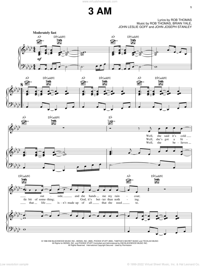 3 AM sheet music for voice, piano or guitar by Matchbox Twenty, Matchbox 20, Brian Yale, Jay Stanley, John Goff and Rob Thomas, intermediate skill level