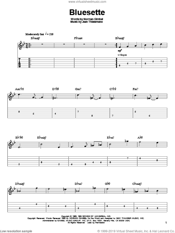 Bluesette sheet music for guitar (tablature, play-along) by Toots Thielmans, Sarah Vaughn, Jean Thielemans and Norman Gimbel, intermediate skill level