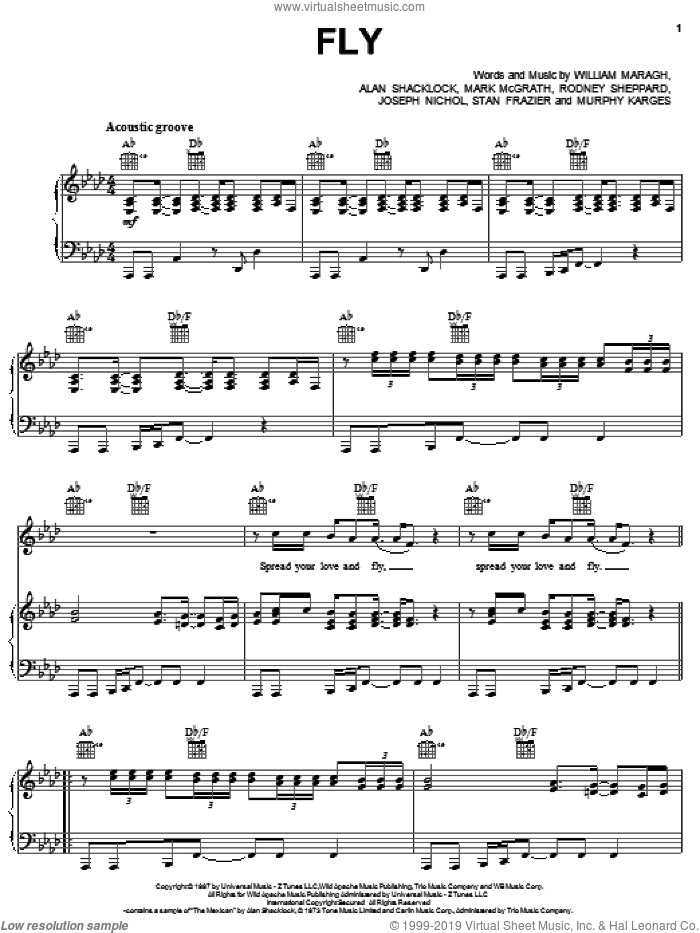 Fly sheet music for voice, piano or guitar by Sugar Ray, Alan Shacklock, Joseph Nichol, Mark McGrath, Murphy Karges, Rodney Sheppard, Stan Frazier and William Maragh, intermediate skill level