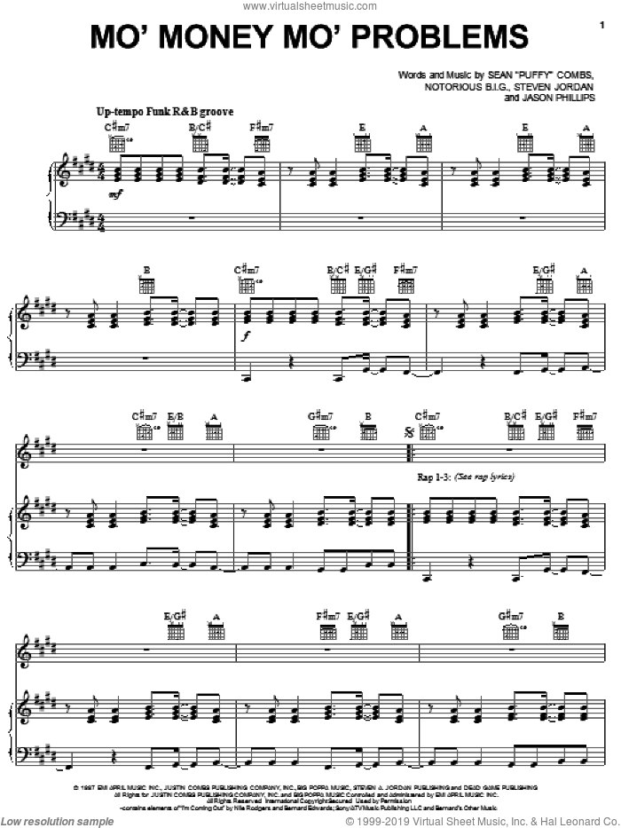 Mo' Money Mo' Problems sheet music for voice, piano or guitar by The Notorious B.I.G., Jason Phillips, Notorious B.I.G., Sean 'Puffy' Combs and Steve Jordan, intermediate skill level