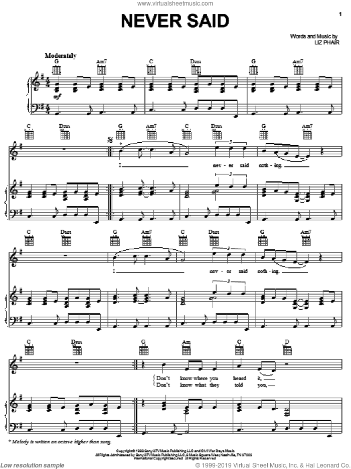 Never Said sheet music for voice, piano or guitar by Liz Phair, intermediate skill level